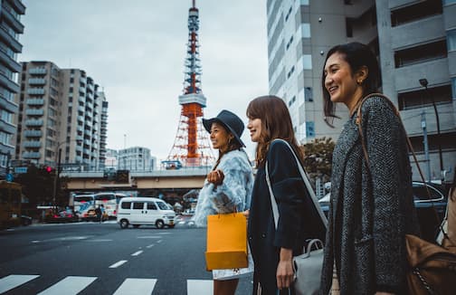 Group of japanese women spending time in Tokyo, making shopping in differents areas of the city